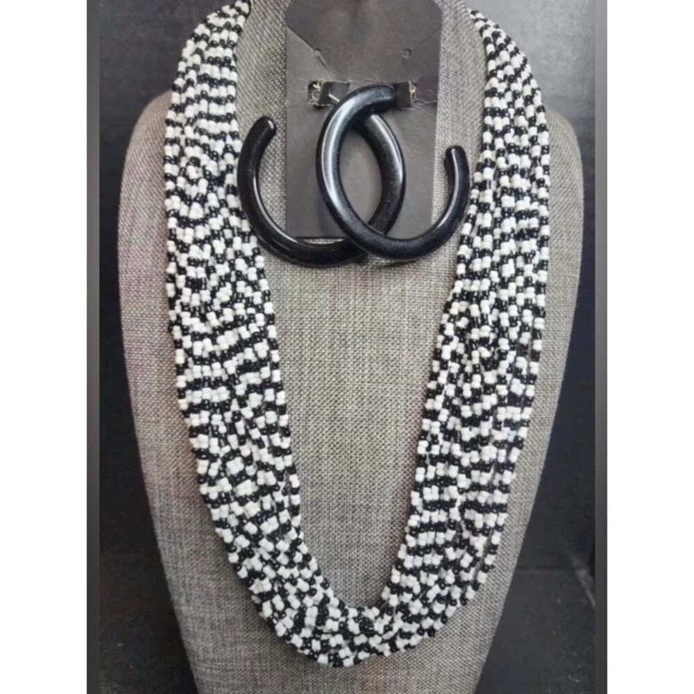 54.  Black and White Beaded Multi-Strand Statement Necklace